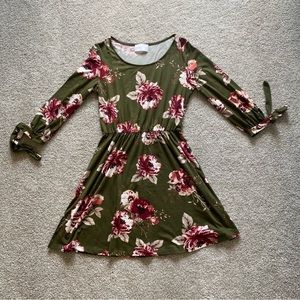 French Grey Long Sleeve A Line Dress Green with Pink Floral Size S